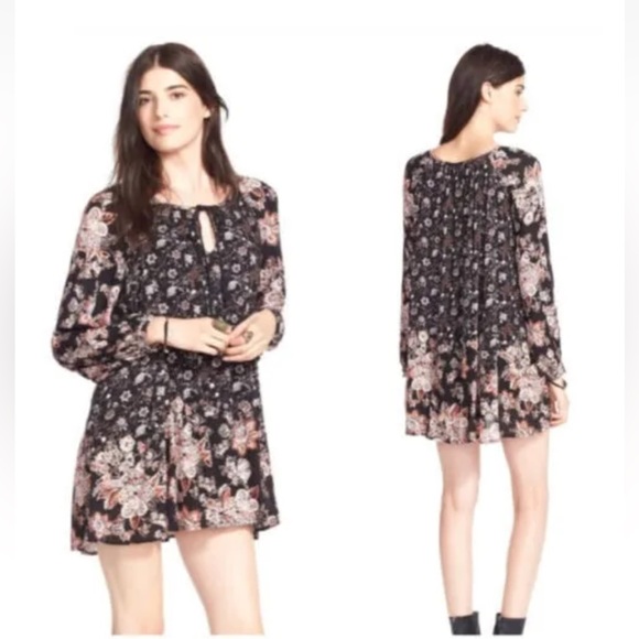 🌻Women’s Free People Lucky Loosey Floral Print Boho Mini Dress Onyx Combo Sz S - Picture 6 of 16